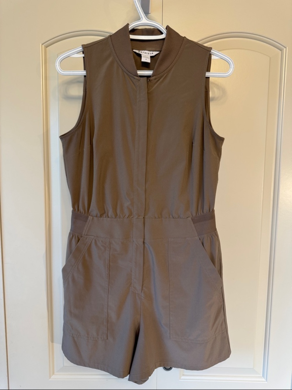 Athleta Sleeveless Zip-Front Romper in Taupe Brown